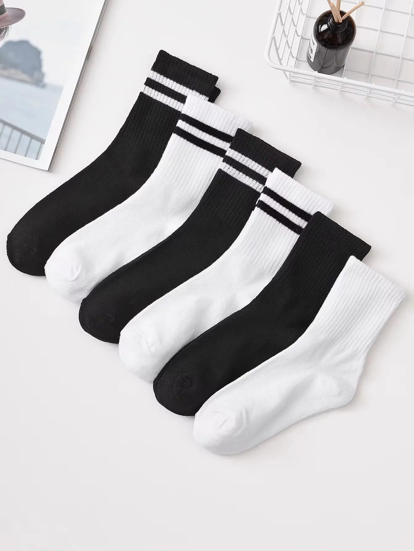 6 Pairs Women's High Tube Mid Length Stockings Set in Pure Black And White With Parallel Bars Popular and Sweat Absorption