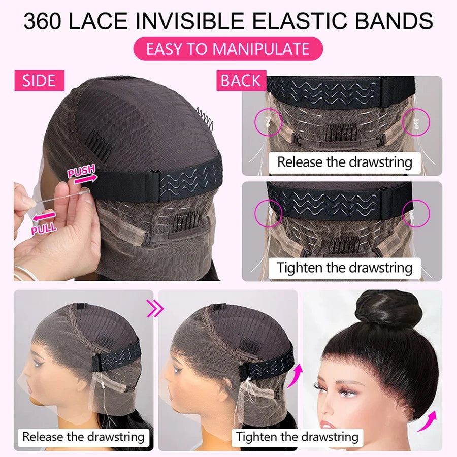 Hidden Drawstring 360 Lace Frontal Wig Body Wave Invisible Strap 360 Full Glueless Wigs Human Hair 30 40 Inch HD Lace Front Wigs