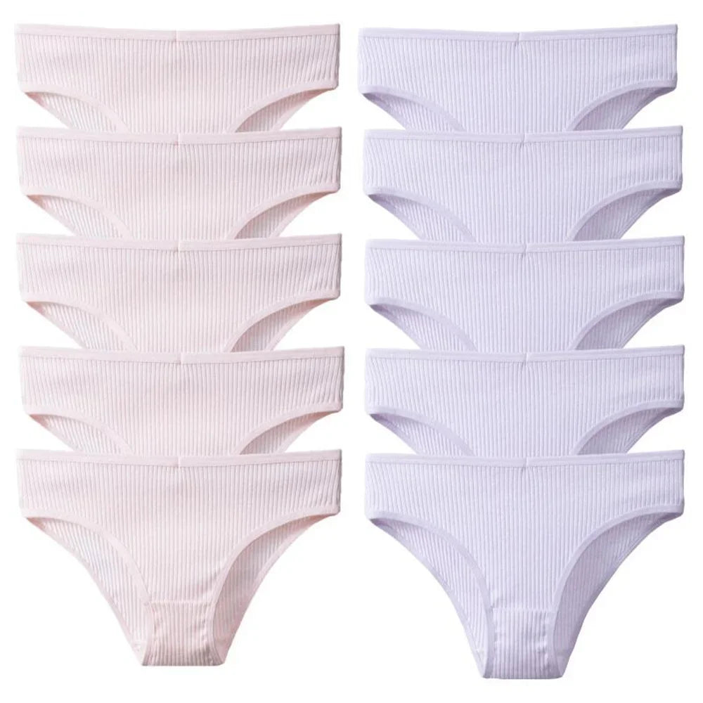 10Pcs/Set Solid Ribbed Seamless Sexy Panties Pure Cotton Breathable Underwear Low Waist Hip-covered Briefs Lingerie Wholesale