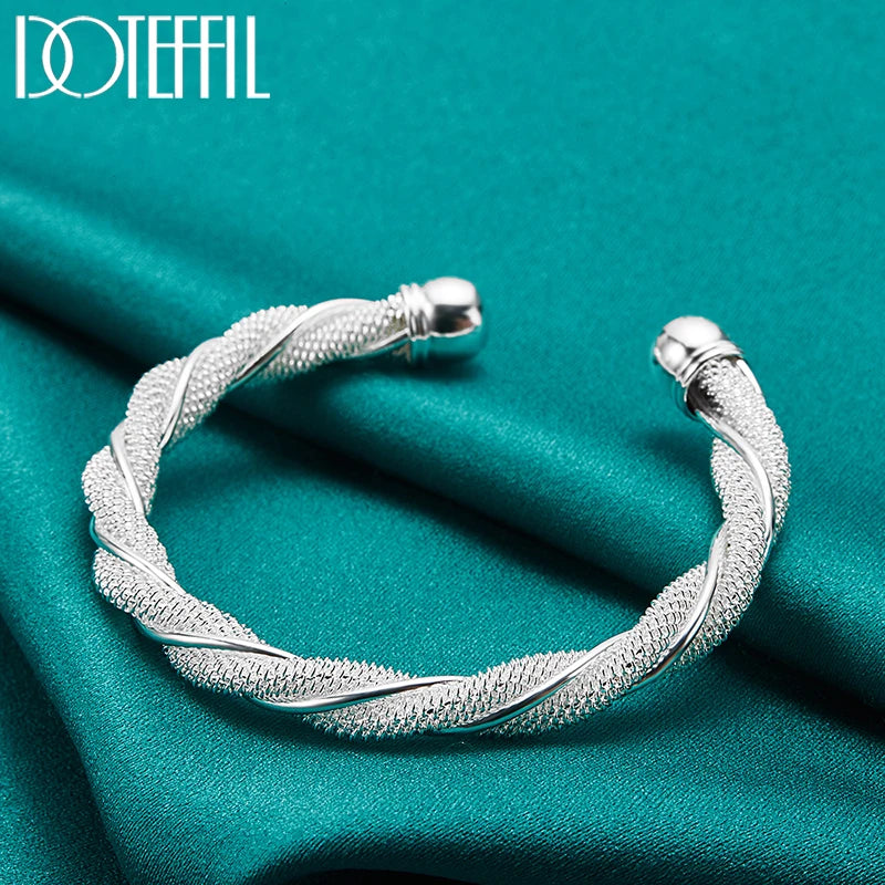 DOTEFFIL 925 Silver Sterling Mesh Wide Braided Bangle Wristband Bracelet For Women Man Jewelry Bijoux Punk Jewelry