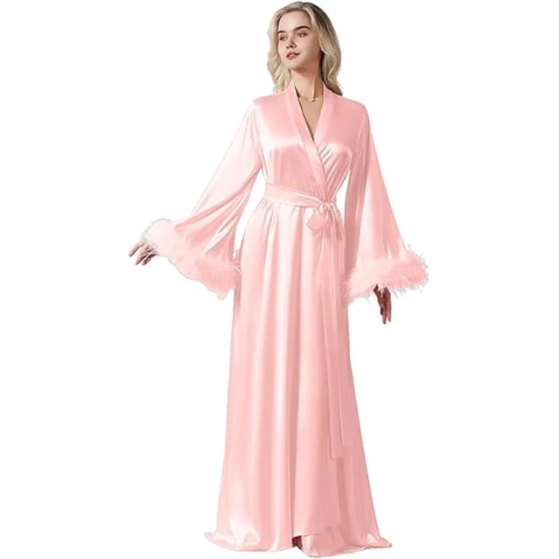 Long Feather Sleeve Bathrobe Sexy Ice Silk Kimono Wedding Bride Dress Women Loose Sleepwear Loungewear Casual Nightgown