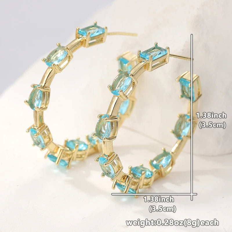 Fashion Blue Synthetic Zirconia Inlaid Golden Plated Hoop Earrings for Women Elegant Sparkling Banquet Jewelry Accessories Gifts