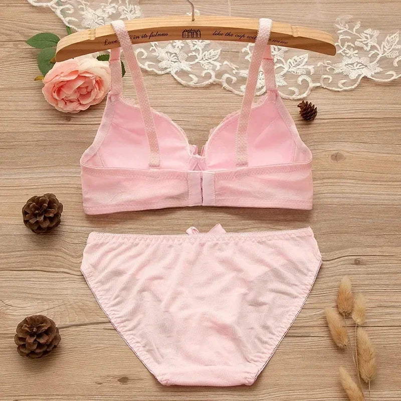 Girl Sweet Wireless Bra Lace Bows Underwear Sets Breathable Small Breast Bralette Top Briefs for Women Teen Girl Lingerie Suits
