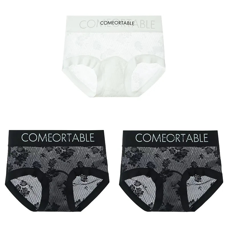 3PCS Women Sexy Lace Panties Mulberry Silk Antibacterial Hollow Out Underwear Plus Size Floral Perspective Briefs