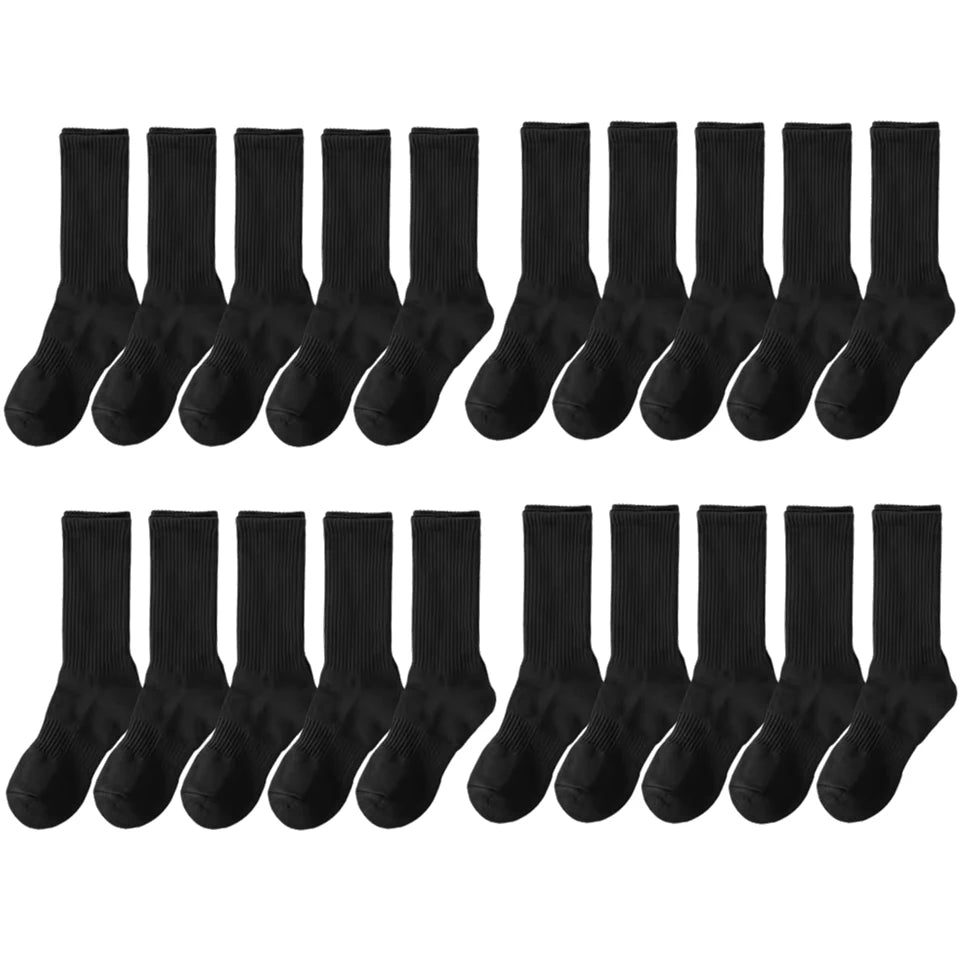 20Pairs Pure Cotton Men's High Socks Classic Black White Breathable Sweat-Absorbent Warm Elastic Sports Socks