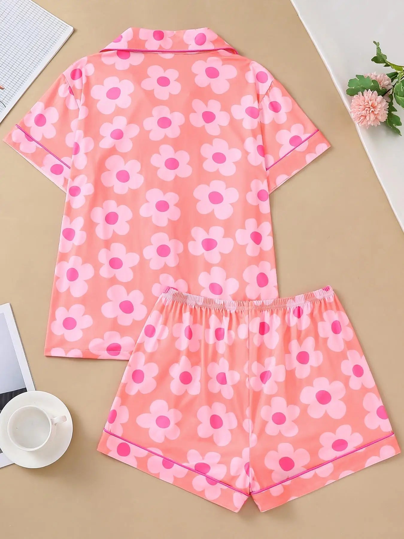 Floral printed pajama set comfortable button up cardigan lapel short sleeved top elastic waistband shorts women's home wear