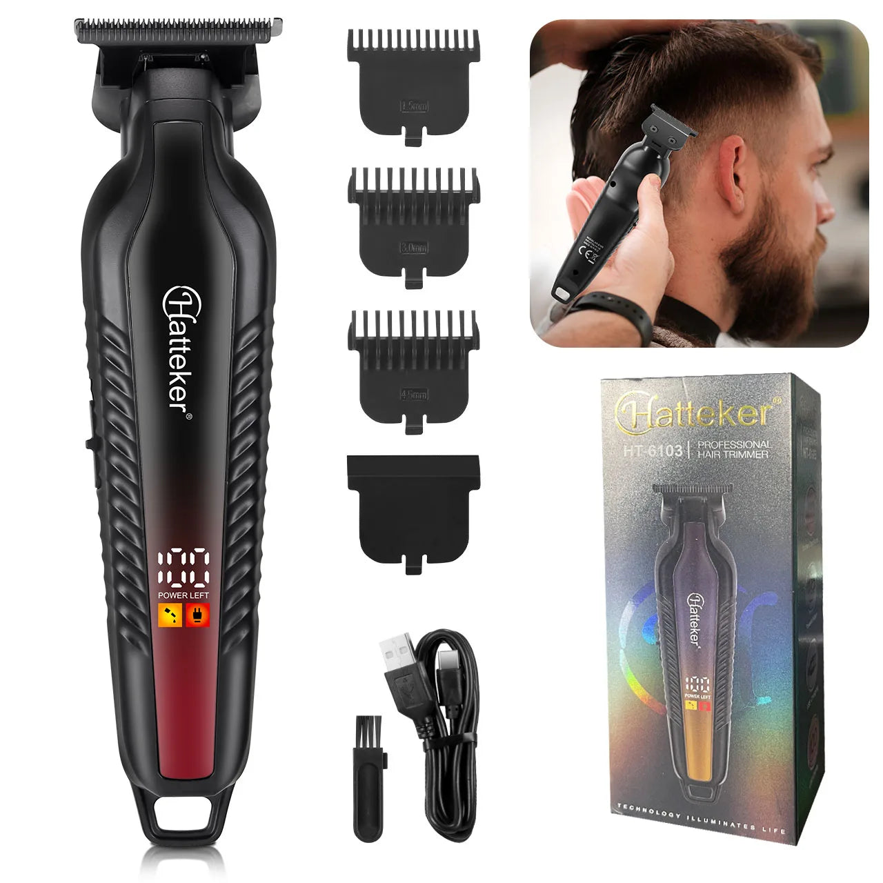 Hatteker Gradient Hair Clipper Professional Hair Salon LCD Digital Display Edge Trimming Rechargeable Taper Men's Home Haircut