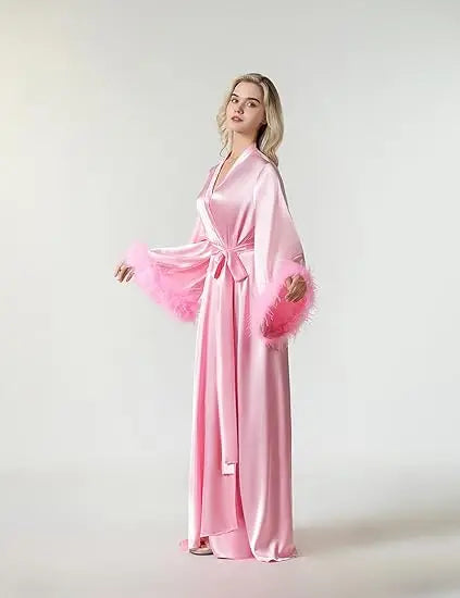 Long Feather Sleeve Bathrobe Sexy Ice Silk Kimono Wedding Bride Dress Women Loose Sleepwear Loungewear Casual Nightgown