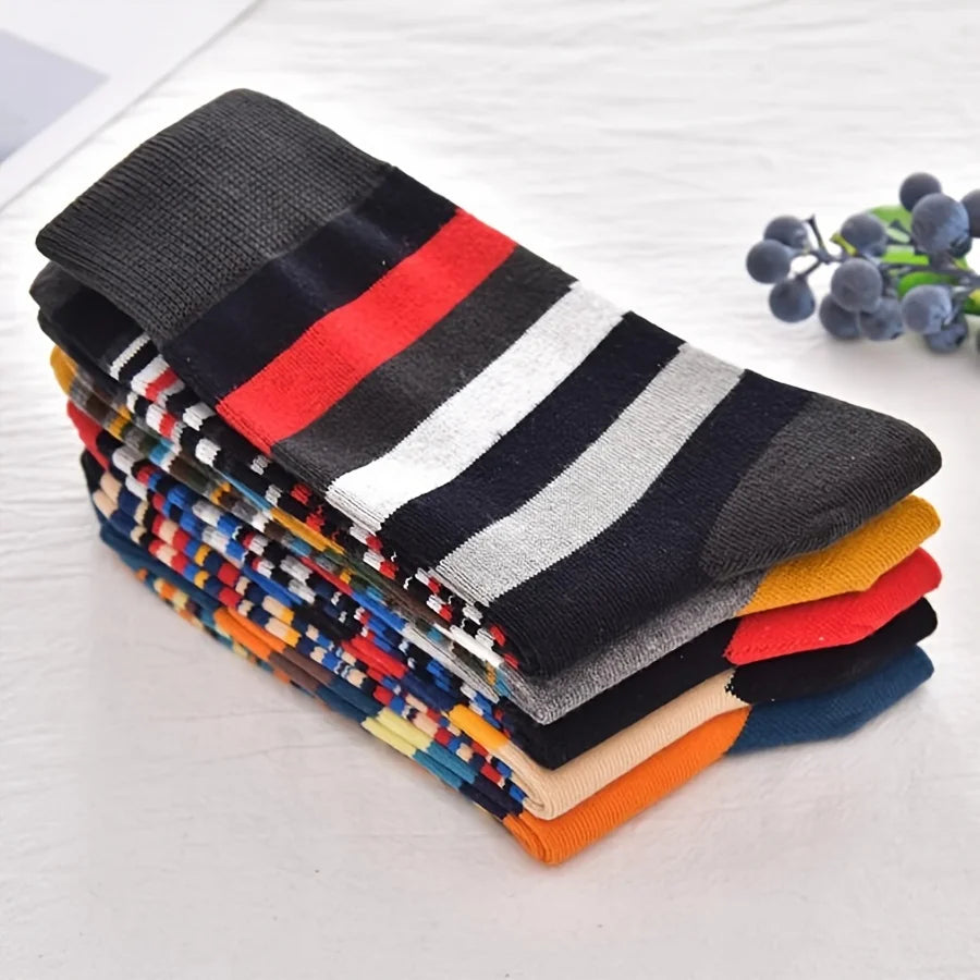 5 Pairs Autumn and Winter New Men's Socks Stripe Contrast Color Fashion Retro Trendy Ins Style Sports Leisure Tube Socks