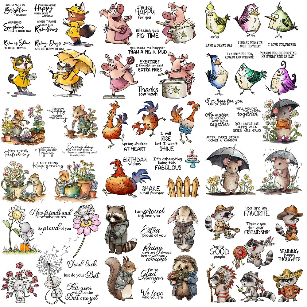 Cute Mouse Pig Time Funny Birds Clear Stamps And Cutting Dies Set for Scrapbooking Paper Cards Making Cartoon Animal Stamps 2024