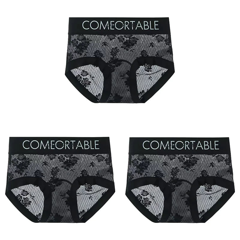 3PCS Women Sexy Lace Panties Mulberry Silk Antibacterial Hollow Out Underwear Plus Size Floral Perspective Briefs