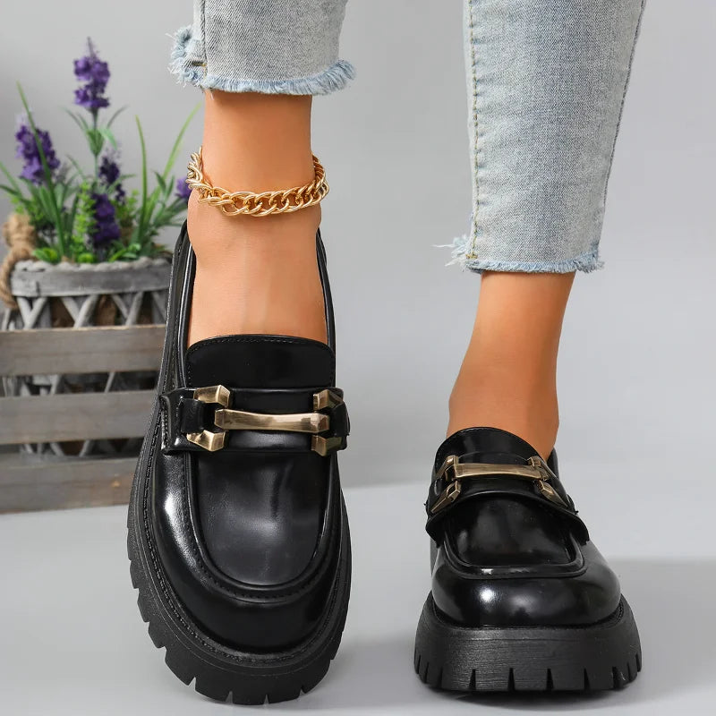 2026 Female Shoes Women Fashion Mary Janes Round Toe Flats Loafers Oxfords Platform Casual Metal Chain Buckle Ladies Heels Black