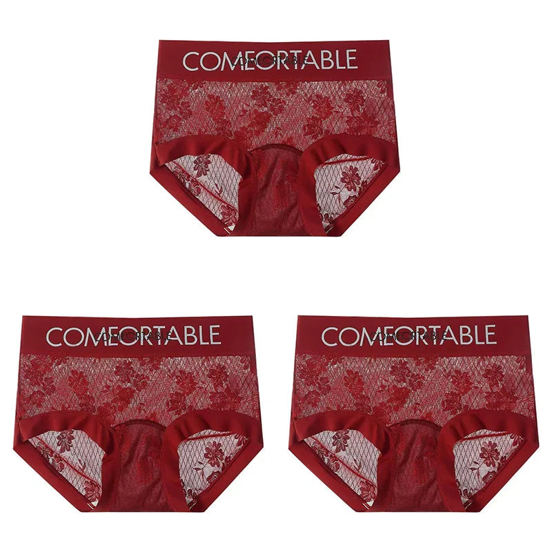 3PCS Women Sexy Lace Panties Mulberry Silk Antibacterial Hollow Out Underwear Plus Size Floral Perspective Briefs