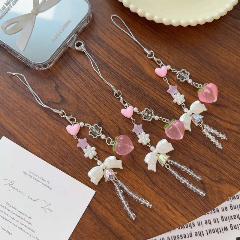 1/2Pcs Y2K Peach Flower Beads Pendant Phone Strap Lanyard Pocket Keychain Strap Backpack Charm Car Key Decoration Chain Keyring