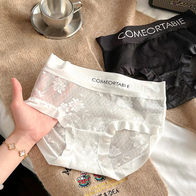3PCS Women Sexy Lace Panties Mulberry Silk Antibacterial Hollow Out Underwear Plus Size Floral Perspective Briefs