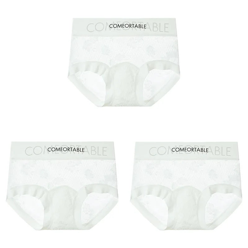 3PCS Women Sexy Lace Panties Mulberry Silk Antibacterial Hollow Out Underwear Plus Size Floral Perspective Briefs