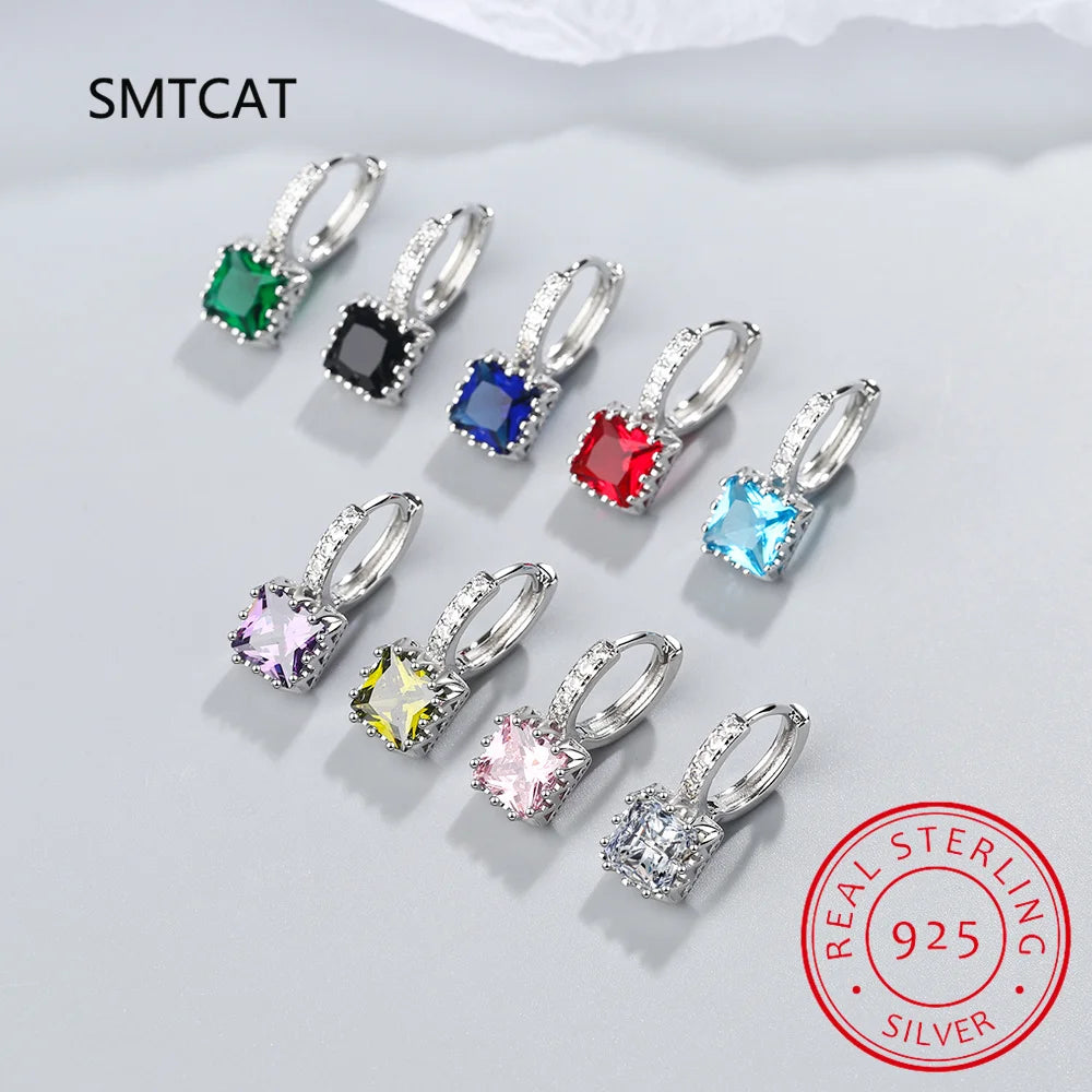 Princess Cut Created Pink Sapphire 925 Sterling Silver Square Hoop Earrings for Women Fashion Statement Gemstone Jewelry Huggies