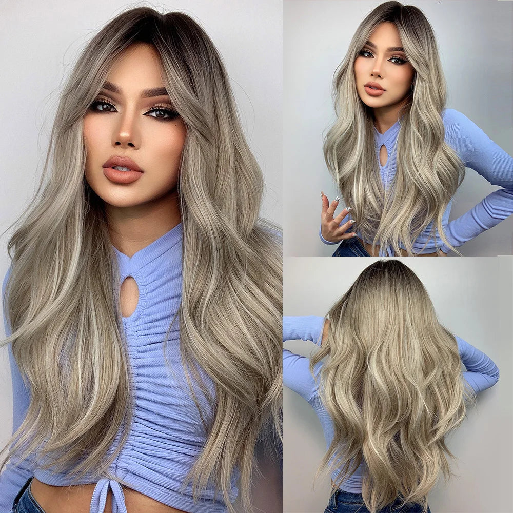 ALAN EATON Cosplay Silver Gray Synthetic Wig for Women Natural Long Silk Straight Wigs With Bangs for Women Girl Heat Resistant