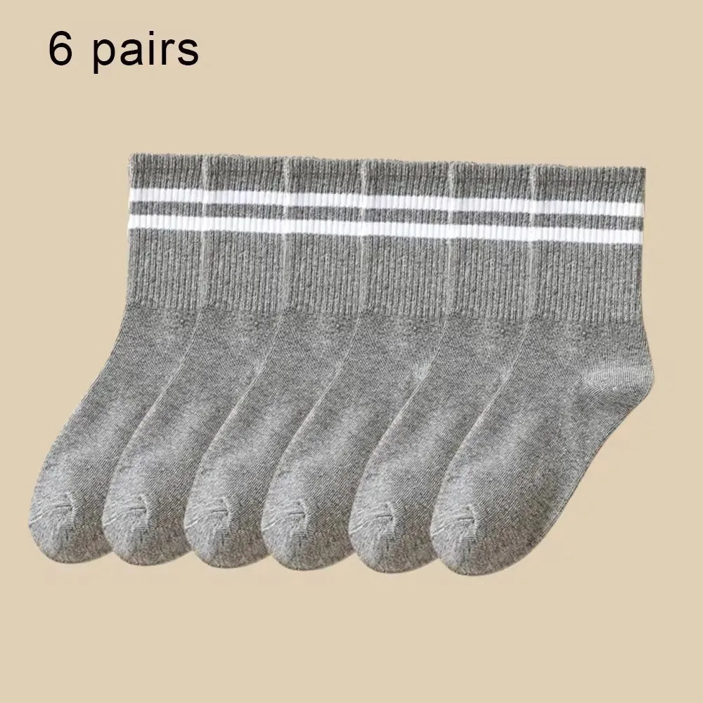 6 Pairs Women's High Tube Mid Length Stockings Set in Pure Black And White With Parallel Bars Popular and Sweat Absorption