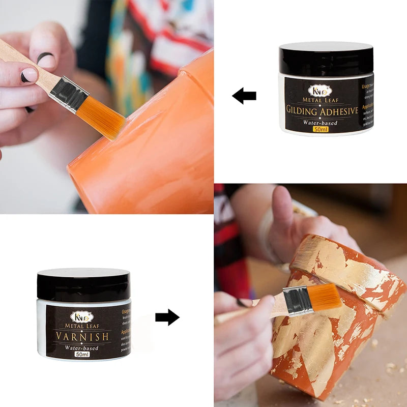 50ml Gilding Glue Gold Leaf Foil Water-based Glue for Metal Foil Sheets Arts Craft Paper Home Decoration Varnish&Brush