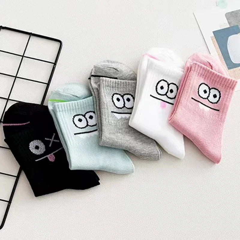 5 Pairs Cute Expression Print Socks – Comfy Funny Mid-Calf Crew Socks, All-Match Women’s Cotton Rich Casual Socks