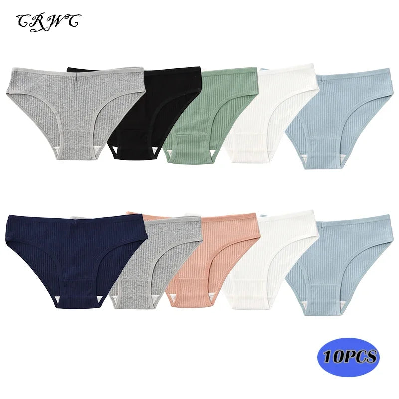 10Pcs/Set Solid Ribbed Seamless Sexy Panties Pure Cotton Breathable Underwear Low Waist Hip-covered Briefs Lingerie Wholesale