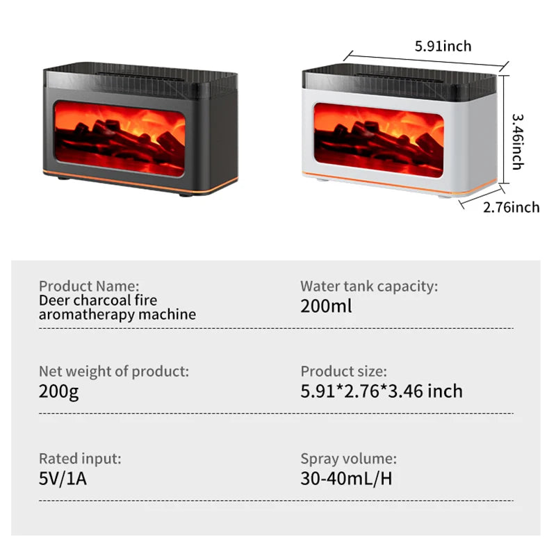 200ml Charcoal Fire Pattern Humidifier with Color-Changing Glow Quiet Mist 7-color ambient lighting for Bedroom or Desk