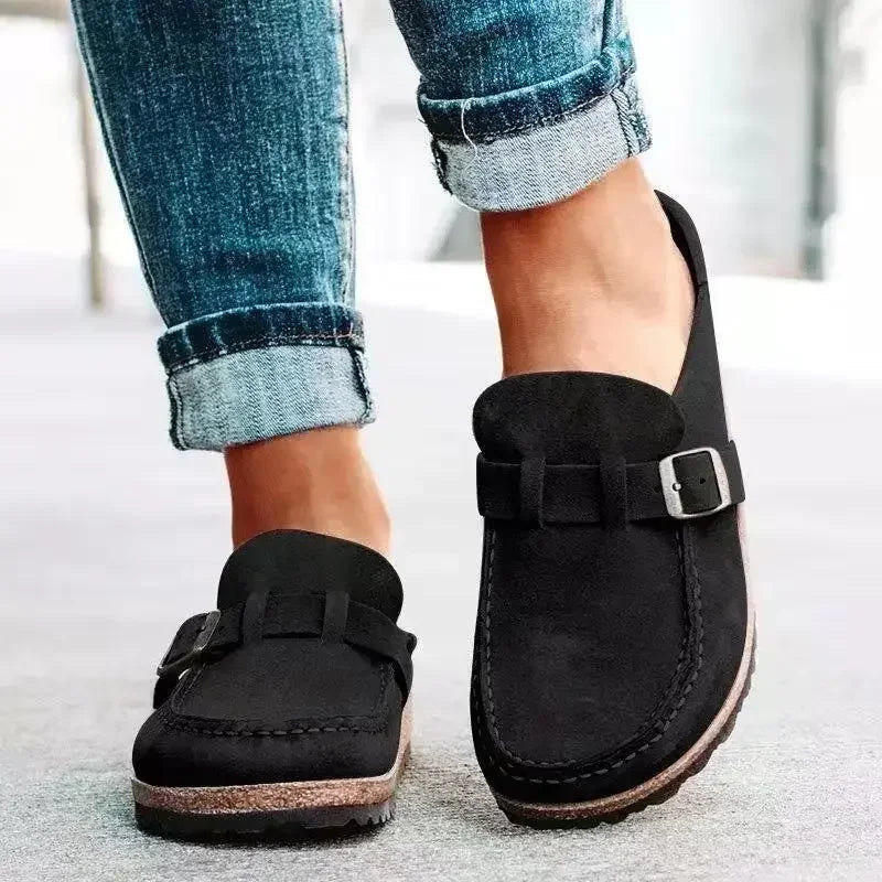 2025 New Women's Shoes Slip on Female Flats Durable Belt Buckles Mules Fashion Wear Resistant Women Half Slippers Retro Zapatos