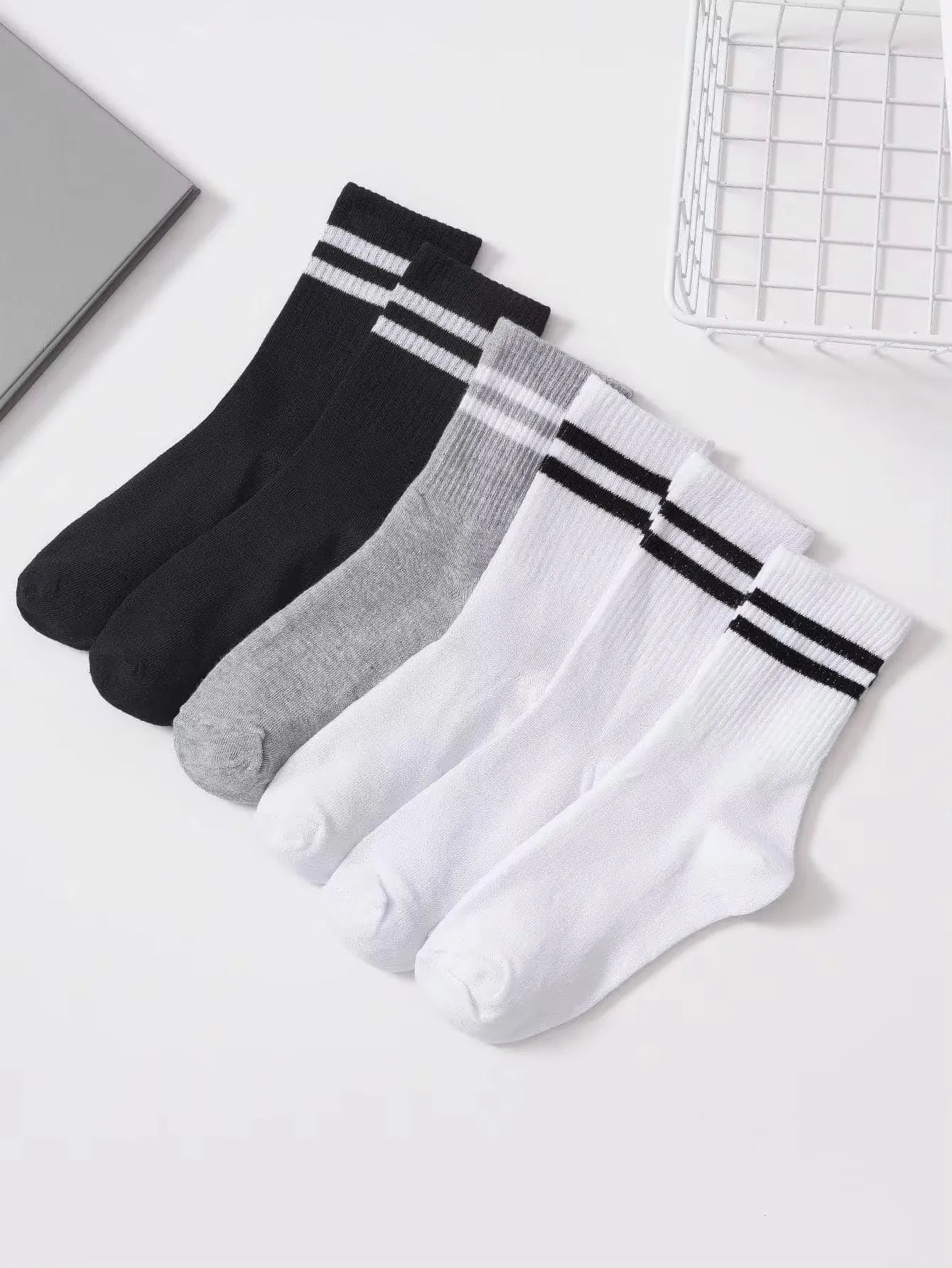 6 Pairs Women's High Tube Mid Length Stockings Set in Pure Black And White With Parallel Bars Popular and Sweat Absorption