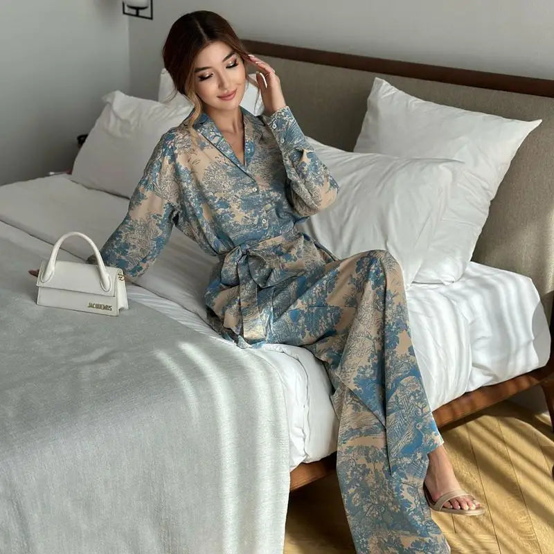 Hot Selling New Fashionable Sleepwear French Printed Long Sleeved Blue Graffiti Two-Piece Pajamas High Waisted Women's Pajamas