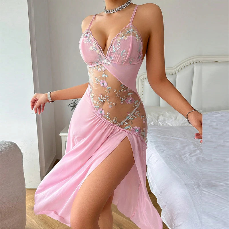 2026 Women Pajama Floral Embroidery Night Dress Hollow Out Irregular Long Nightgowns Sexy V-Neck Suspender Translucent Nightgown